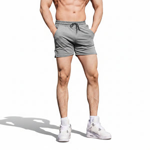 Men's sports fitness casual shorts in black, gray, navy blue, and red polyester fabric