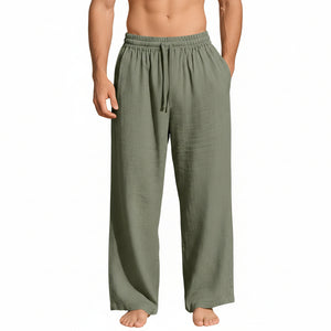 Men's linen casual sports pants with pockets and drawstring in various solid colors