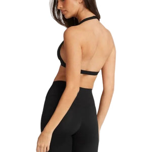 Black halter neck sports bra for women shown from front and back