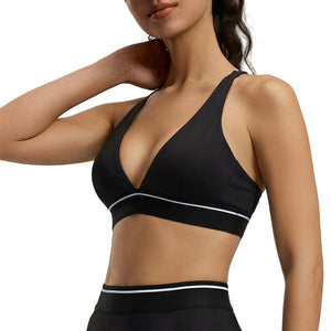 Women's tight yoga sports bra with deep V neck and stylish back design in multiple colors
