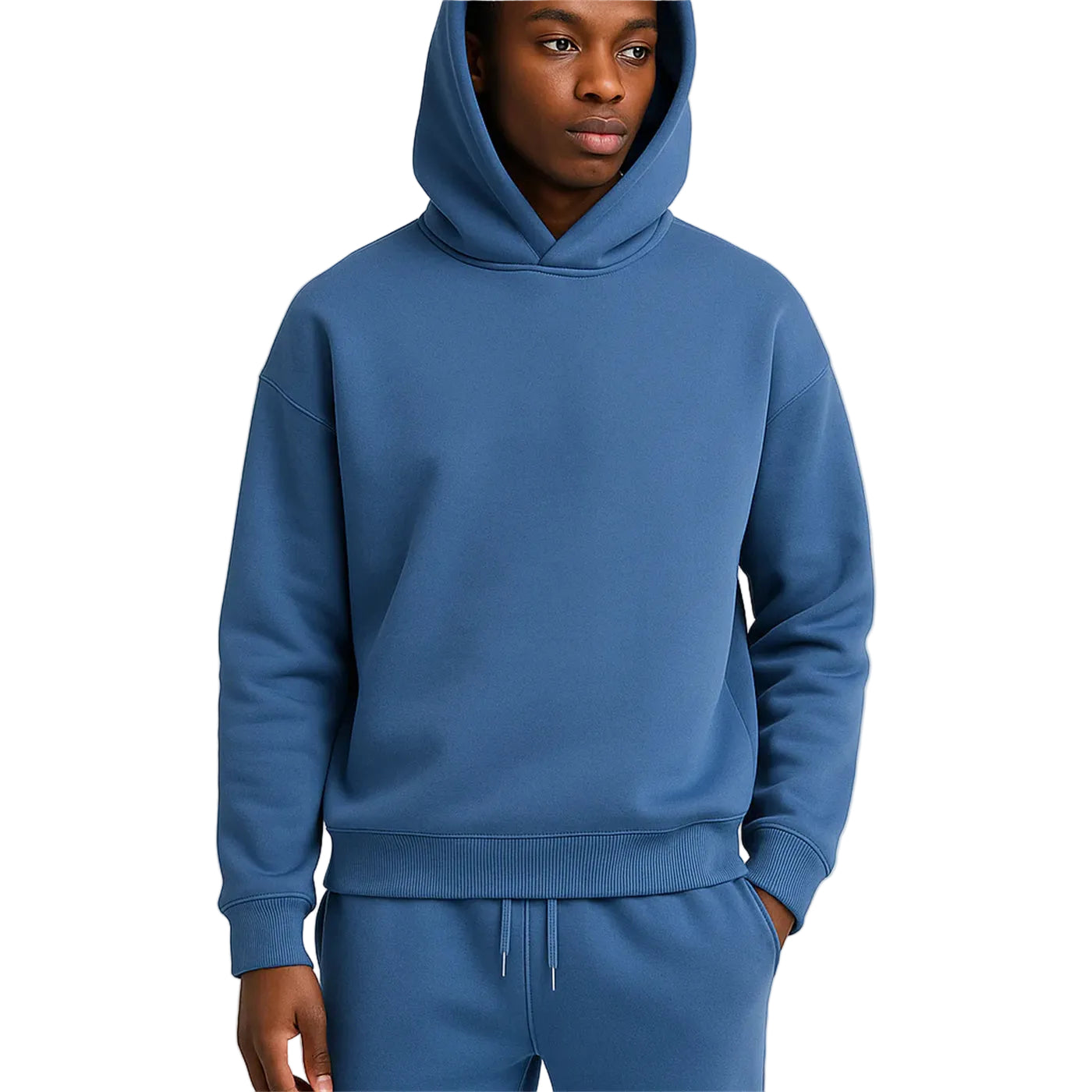 Oversized men's two-piece sportswear suit in various colors including blue, black, grey, pink, green, and dark grey