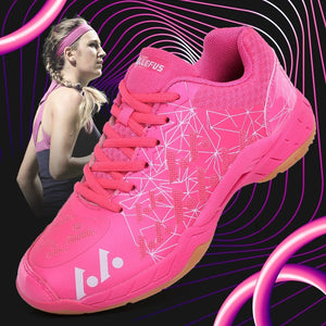 Men's badminton training shoes in blue, sky blue pink, red, and green with mesh upper and rubber sole