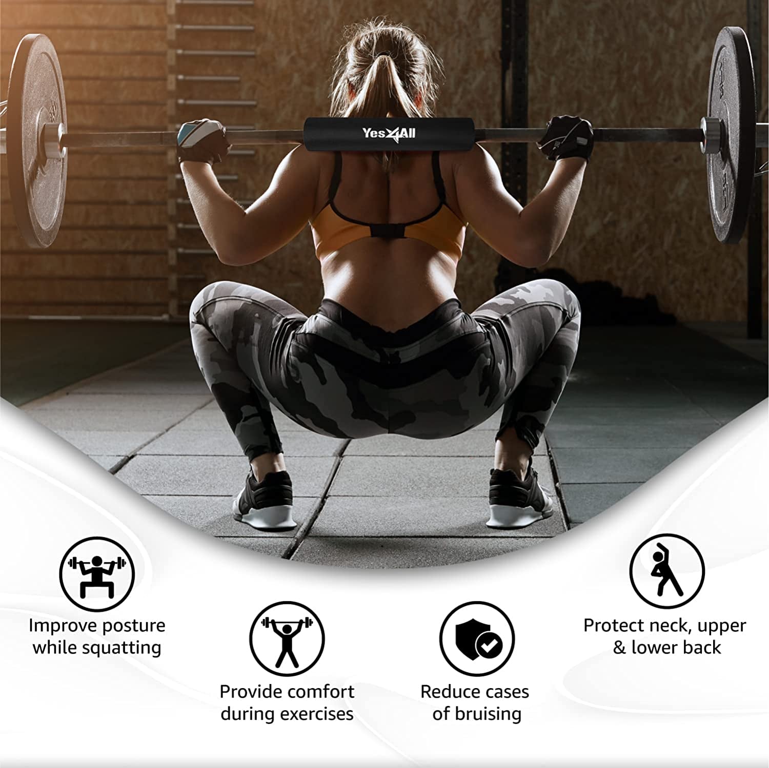 Ergonomic Foam Bar Pad, Olympic Barbell Squat & Neck Pad for Squats, Hip Thrusts & Weight Lifting Bar