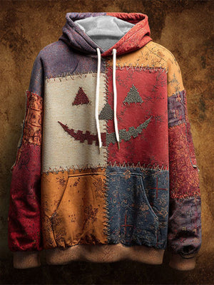 Men's printed patchwork loose-fit hoodie with hood and patch pockets