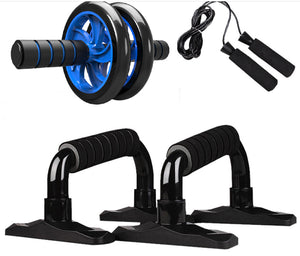 Push-up bracket gripper fitness set including AB roller, skipping rope, knee pad, and spring exerciser