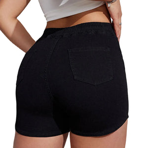 Plus size black A-line drawstring denim shorts for women