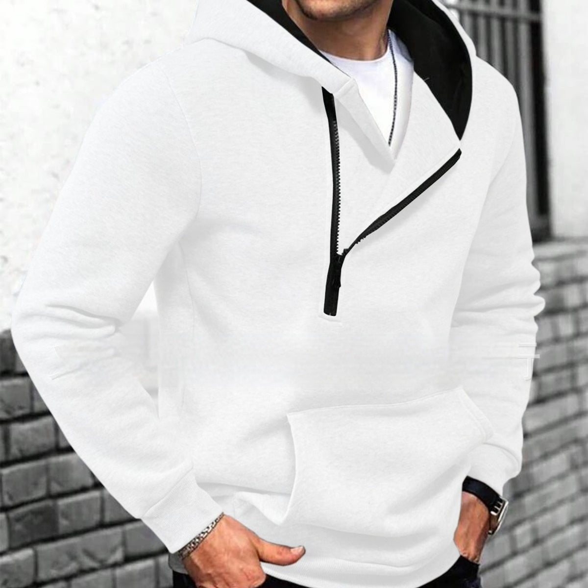 Men's color-block hooded half-zip sweatshirt in white, black, light gray, and dark gray