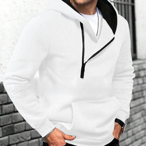 Men's color-block hooded half-zip sweatshirt in white, black, light gray, and dark gray