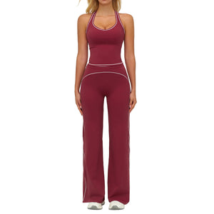 Womens yoga set with V-neck sleeveless top and slim straight pants in Badge Blue