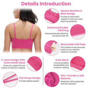 Women's strappy padded sport bra with square neckline and removable pads