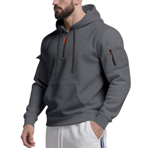 Men's long-sleeve hooded sweatshirt with patch pockets in various colors