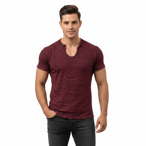 Retro cotton-linen v-neck t-shirt with feathered hem in various colors