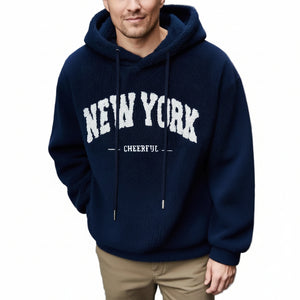 Men's casual sporty hooded sweatshirt available in gray, khaki, black, and navy blue colors