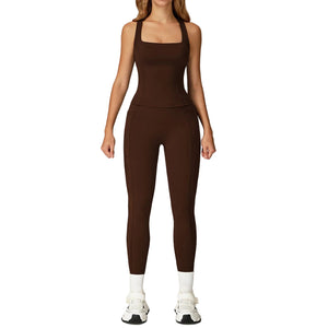 Naked feel slim-fit yoga set for women in cherry red and coffee color, sleeveless vest and pants