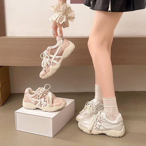 Soft leather women's ballet training shoes with lace-up closure and rubber sole in pink and beige