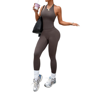 Brown yoga tank top and workout pants set for women