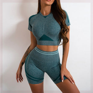 Seamless women's sports set with long-sleeve top and yoga pants in various colors