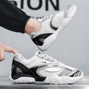 Men's breathable mesh low-top casual sneakers in white black and white red