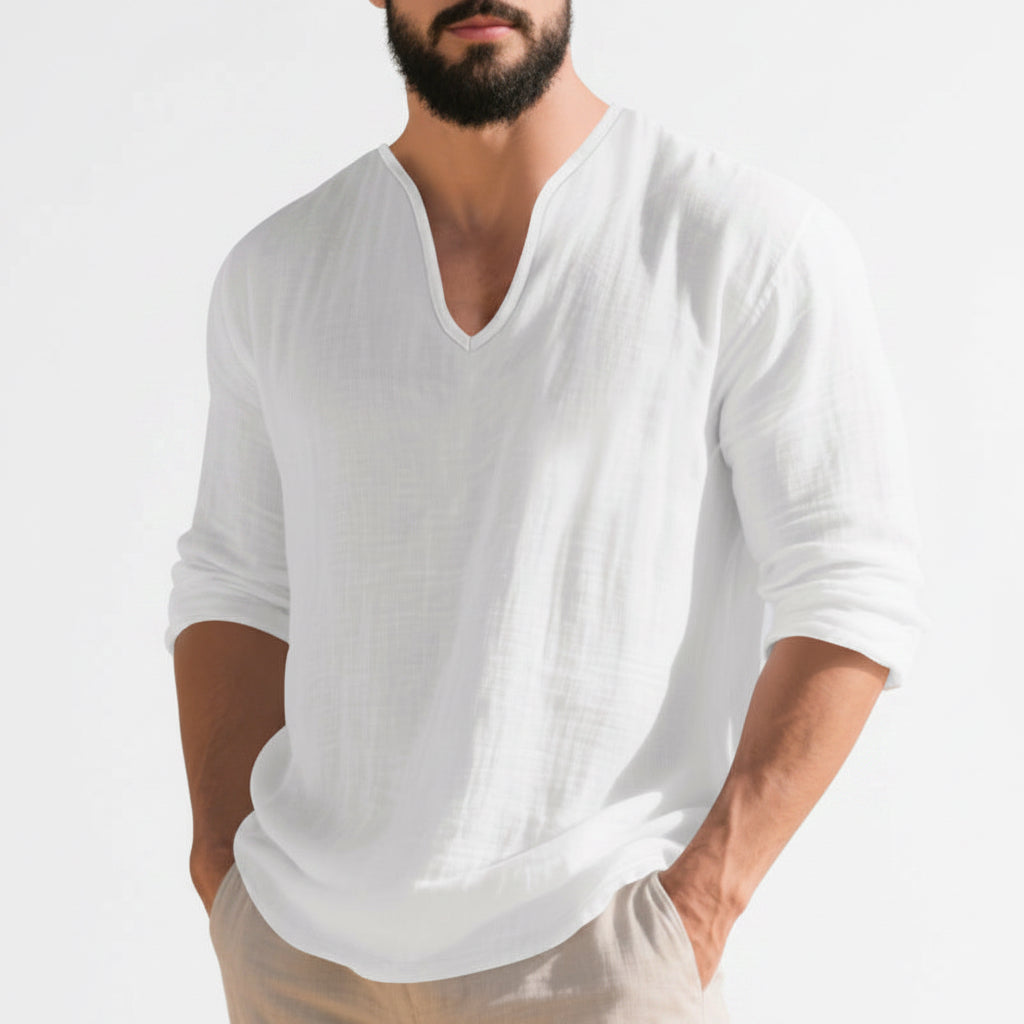 Men's linen v-neck long sleeve shirt in various colors