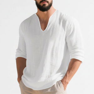 Men's linen v-neck long sleeve shirt in various colors