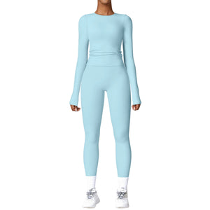 Women's quick-dry brushed yoga set with long sleeve top and high waist leggings in various colors