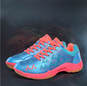Men's badminton training shoes in blue, sky blue pink, red, and green with mesh upper and rubber sole