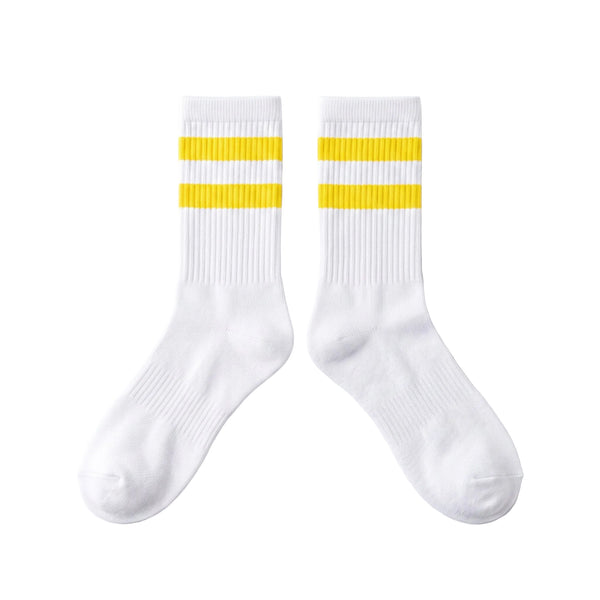 WHITE YELLOW STRIPED MID-HIGH SPORTS COTTON SOCKS