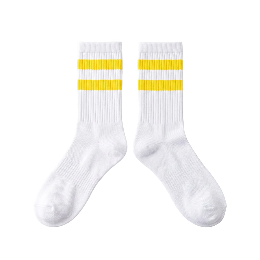 WHITE YELLOW STRIPED MID-HIGH SPORTS COTTON SOCKS