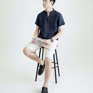 Men's V-neck loose fit breathable short sleeve linen shirt in various colors