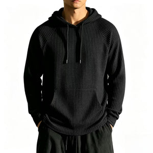 Men's relaxed-fit waffle knit hooded jacket in navy blue with raglan sleeves