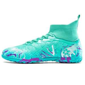 Long and short spikes soccer training shoes in multiple colors and high-top design