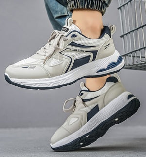 Men's breathable mesh running sneakers with thick rubber sole in beige blue and beige black