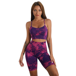 Women's tie-dye print yoga set with high waist shorts or trousers in various colors