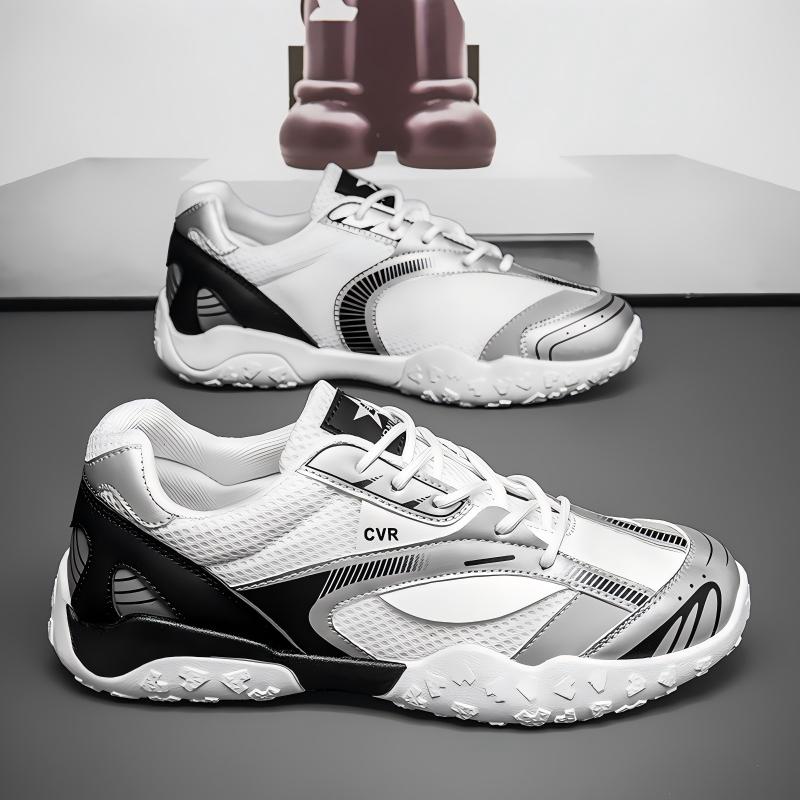 Men's breathable mesh low-top casual sneakers in white black and white red