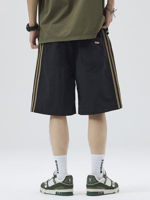 Men's quick-dry casual shorts with side ribbon stripes in black and khaki