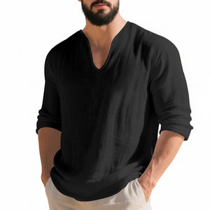 Men's linen v-neck long sleeve shirt in various colors