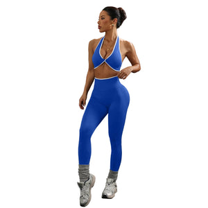 Neck-strap knotted open-back top and yoga pants set for women in multiple colors