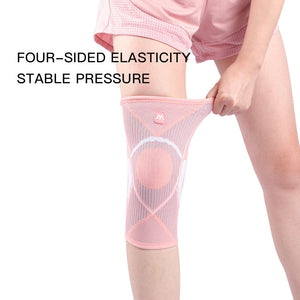 Knee compression sleeves in blue, pink, and black colors