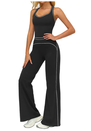 Womens yoga set with V-neck sleeveless top and slim straight pants in Badge Blue