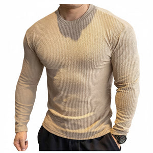 Men's slim fit waffle knit sweatshirt in black with textured pleated detailing