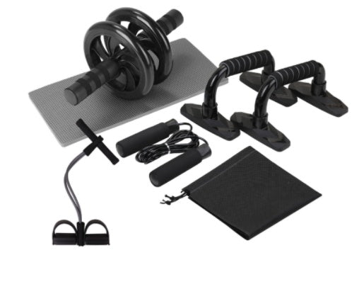 Push-up bracket gripper fitness set including AB roller, skipping rope, knee pad, and spring exerciser