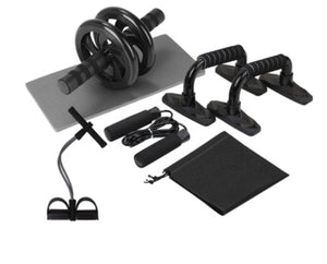 Push-up bracket gripper fitness set including AB roller, skipping rope, knee pad, and spring exerciser