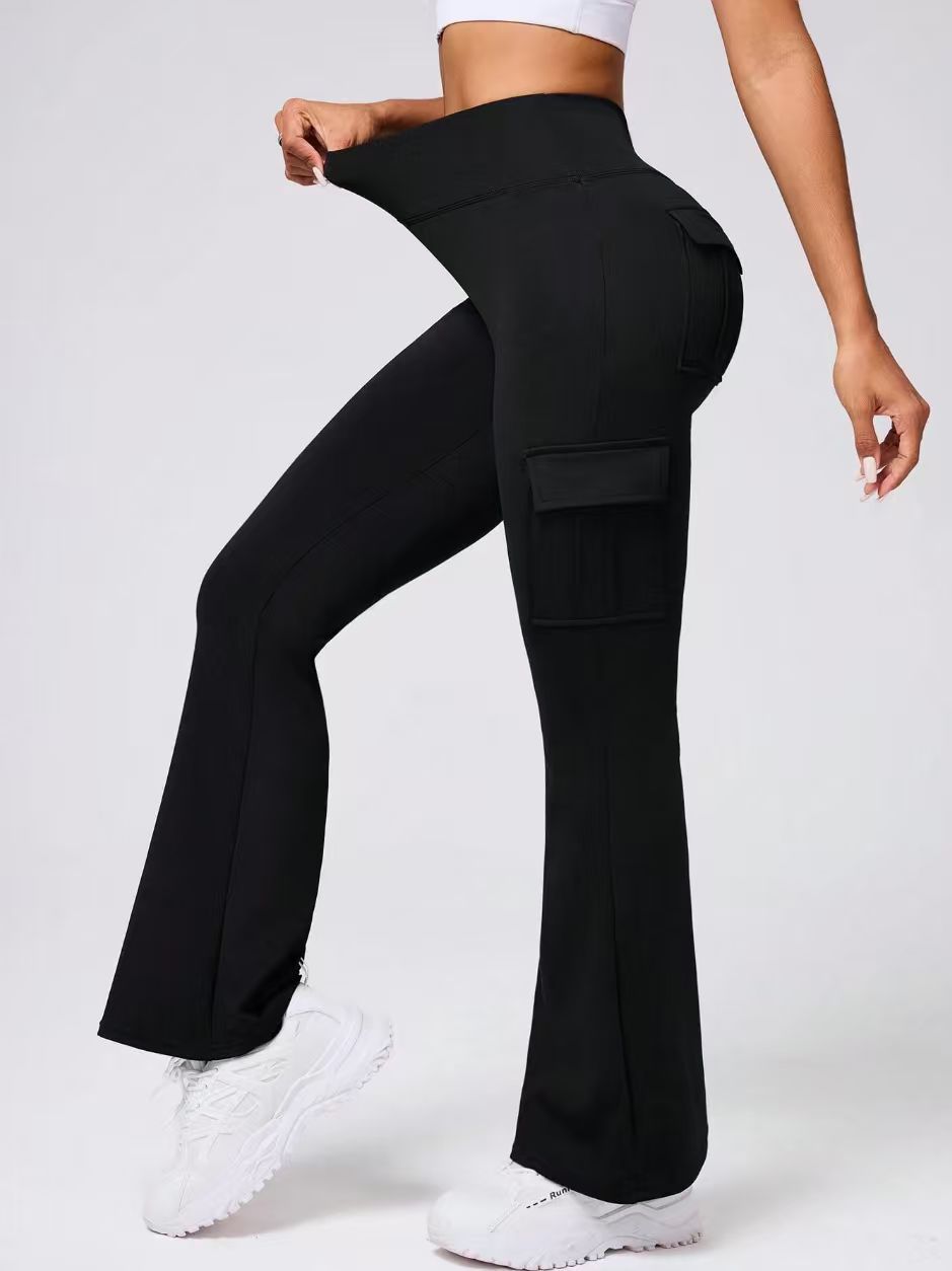 High-waisted bell-bottom leggings with pockets in various colors