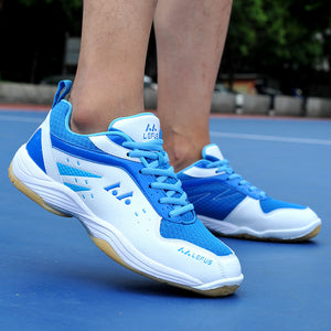 Unisex badminton training and running shoes in blue, sky blue, and yellow colors