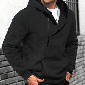 Men's color-block hooded half-zip sweatshirt in white, black, light gray, and dark gray