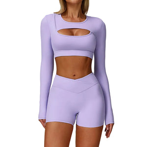 Color-blocked women's yoga set with beautiful back design in various colors
