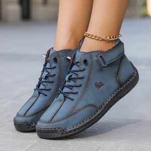 Women's casual flat Martin boots in various colors with belt decoration and round toe