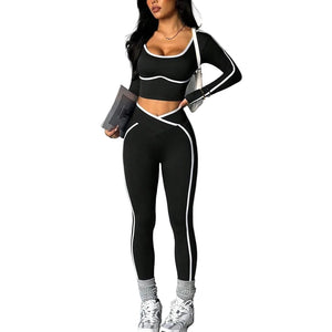 Color-block U-neck backless long-sleeve yoga set with crossed-waist tight pants in various colors