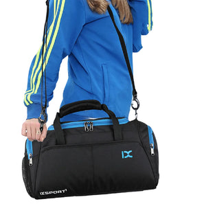 Portable polyester yoga sports bag in multiple colors including red, green, blue, and black combos