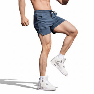 Men's sports fitness casual shorts in black, gray, navy blue, and red polyester fabric